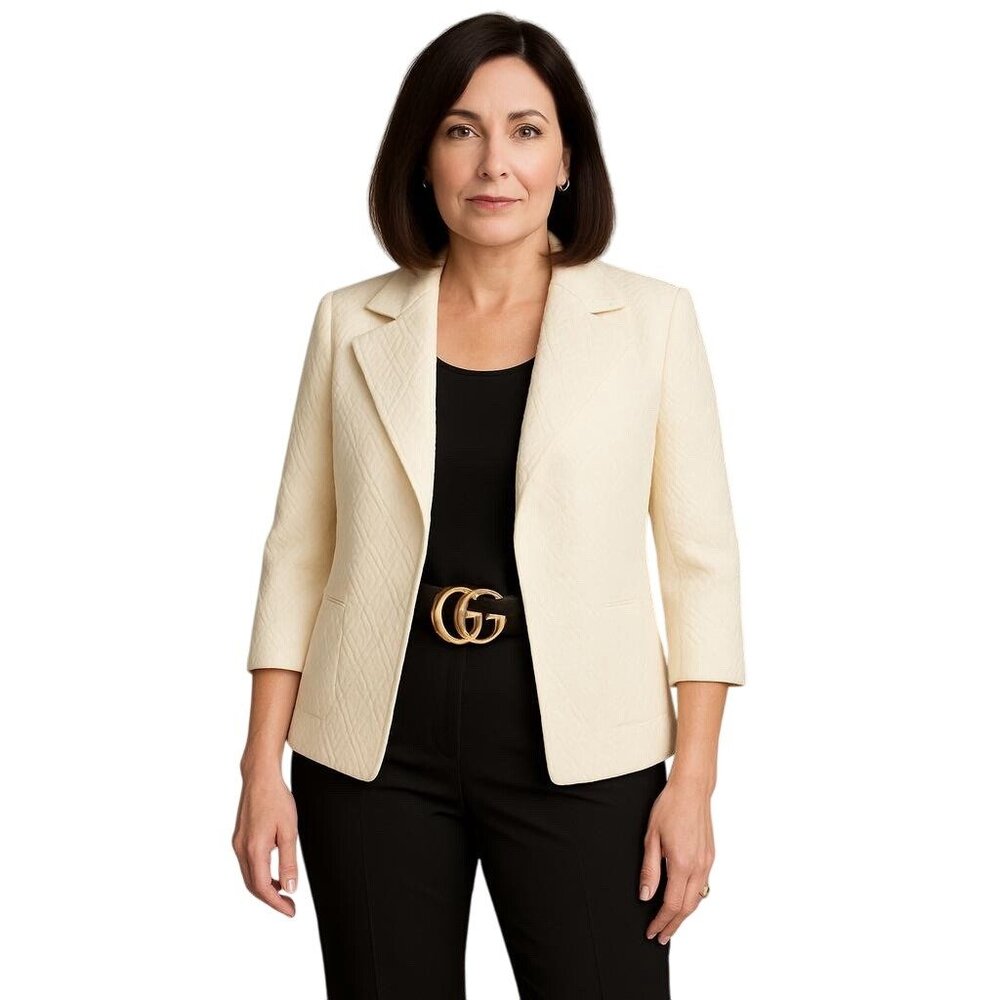 Womens Classic Textured Cream Blazer 8 Diamond Quilted Open Front 3/4 Sleeves